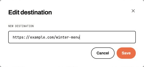 GhostQR destination editor with a new winter menu URL and Save button.