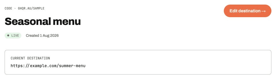 Seasonal menu code showing its live status, current summer-menu URL, and Edit destination button at the upper right.