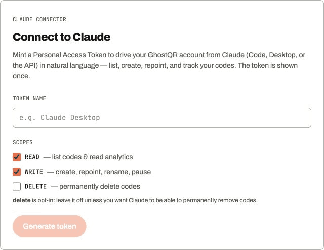 GhostQR Connect to Claude panel showing a token name field and read, write and delete permission choices. Delete is unchecked.