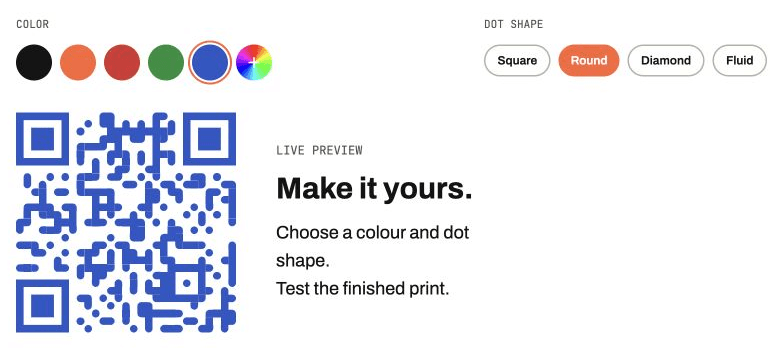 GhostQR colour and dot-shape controls with blue and Round selected, alongside the resulting QR preview.